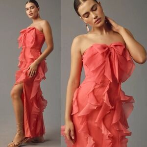 NWT Hutch Strapless Tiered Tulle Ruffle Maxi Dress Gown Pink Bow Side Slit Sze 4